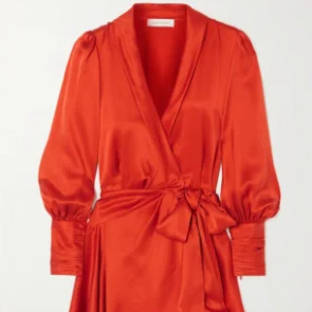 Ruffled Crimson Silk-Satin Mini Wrap Dress - Size 4